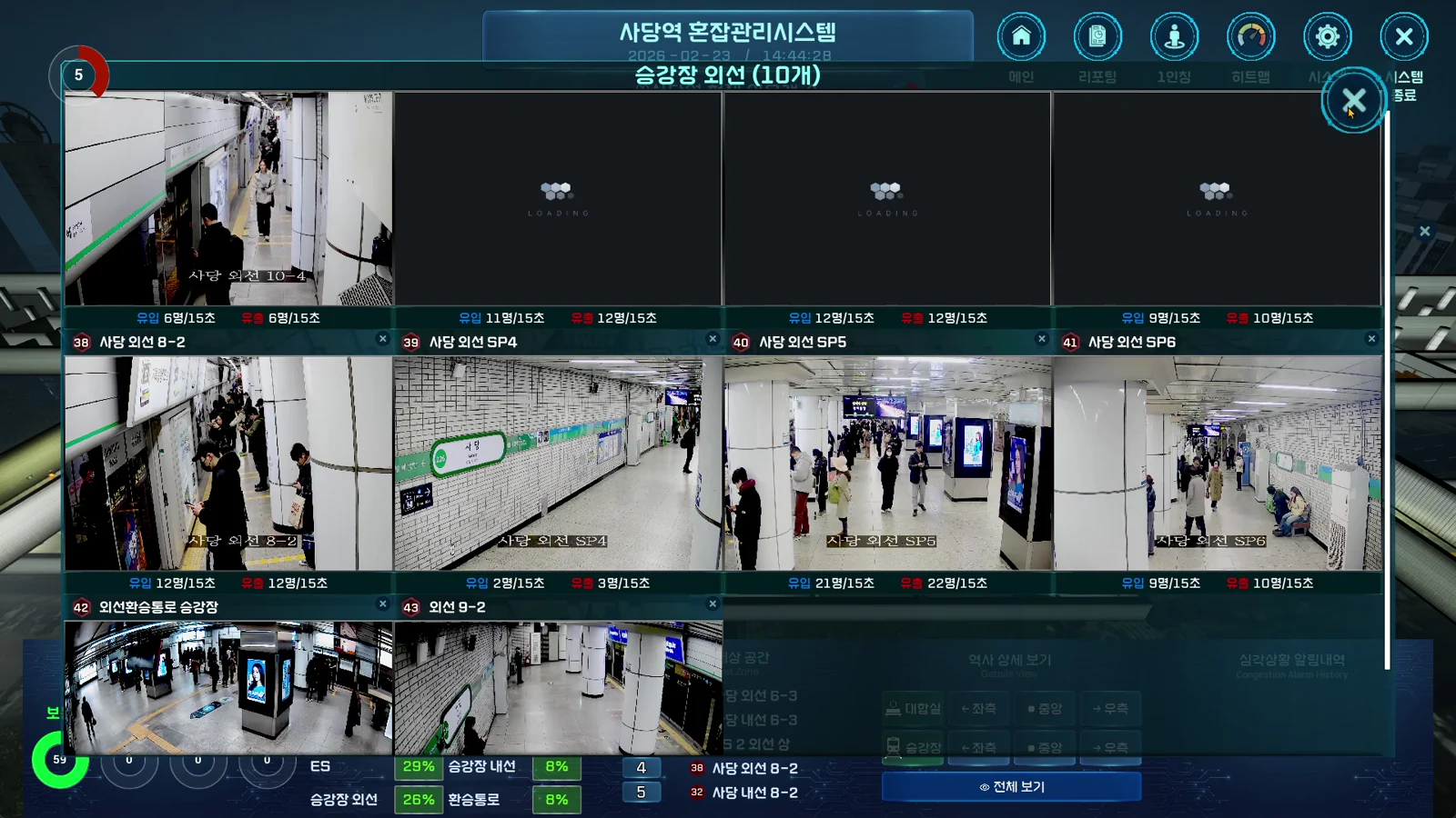 사당역 승강장 CCTV 영상을 동시에 확인하는 디지털트윈 모니터링 화면